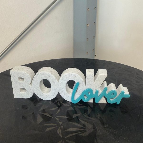 BOOKlover Schriftzug in Stein-Weiß und Türkis – 3D-Druck Deko für Bücherfreunde