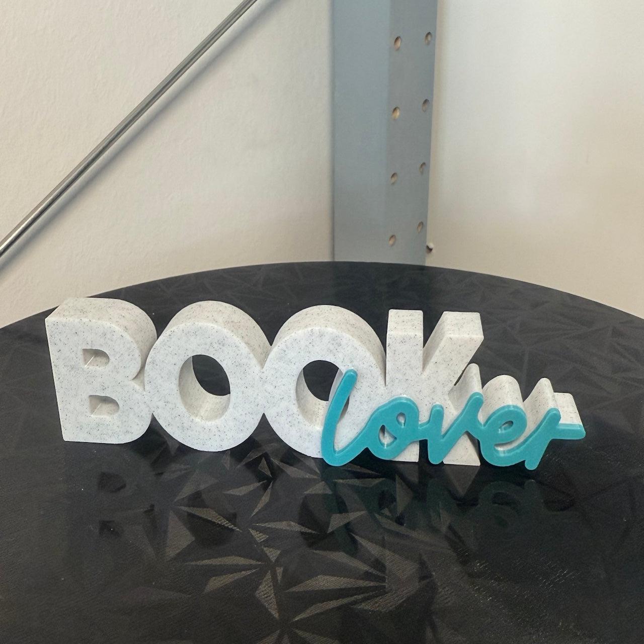 BOOKlover Schriftzug in Stein-Weiß und Türkis – 3D-Druck Deko für Bücherfreunde