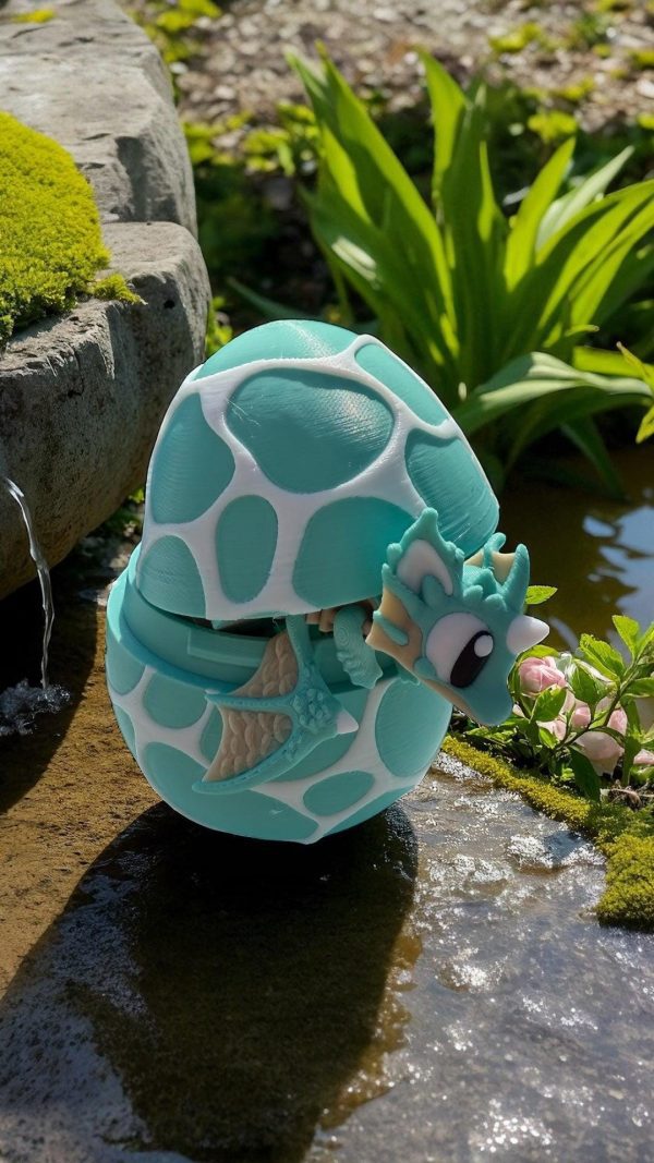 Meeres-Drache mit Ei in Türkis, Weiß und Beige – 3D-Druck Fantasy-Figur – Ansicht 5