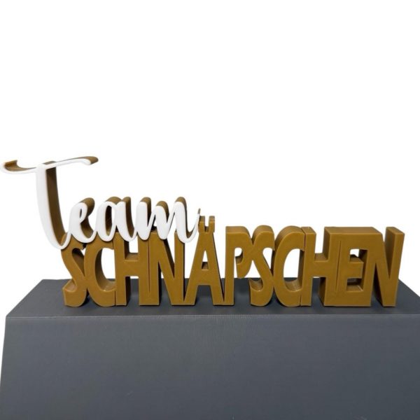 Schriftzug Team Schnäpschen in Schwarz und Gold – 3D-Druck Deko