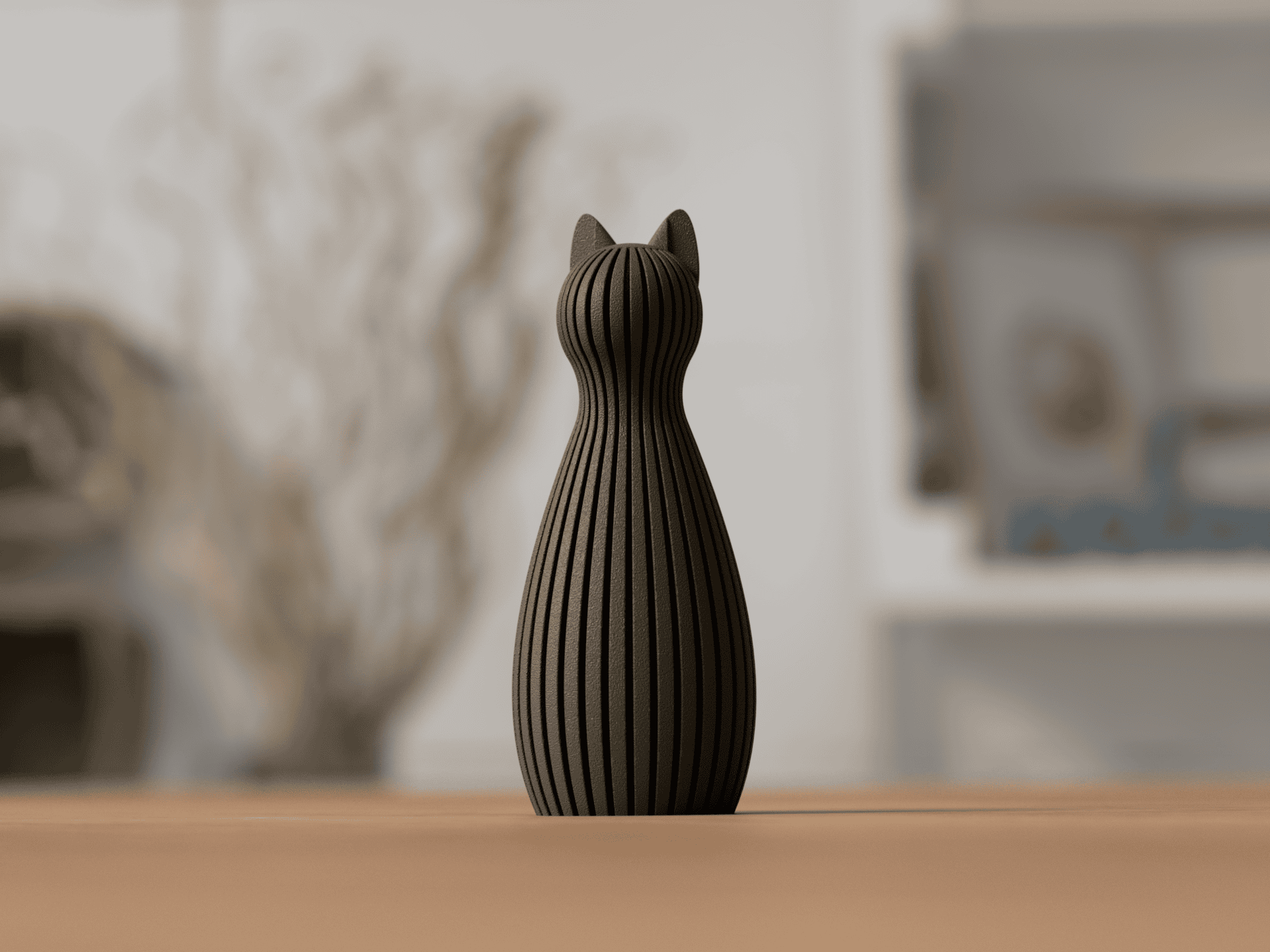 Katzen-Statue in Olivgrün – minimalistische 3D-gedruckte Deko-Figur