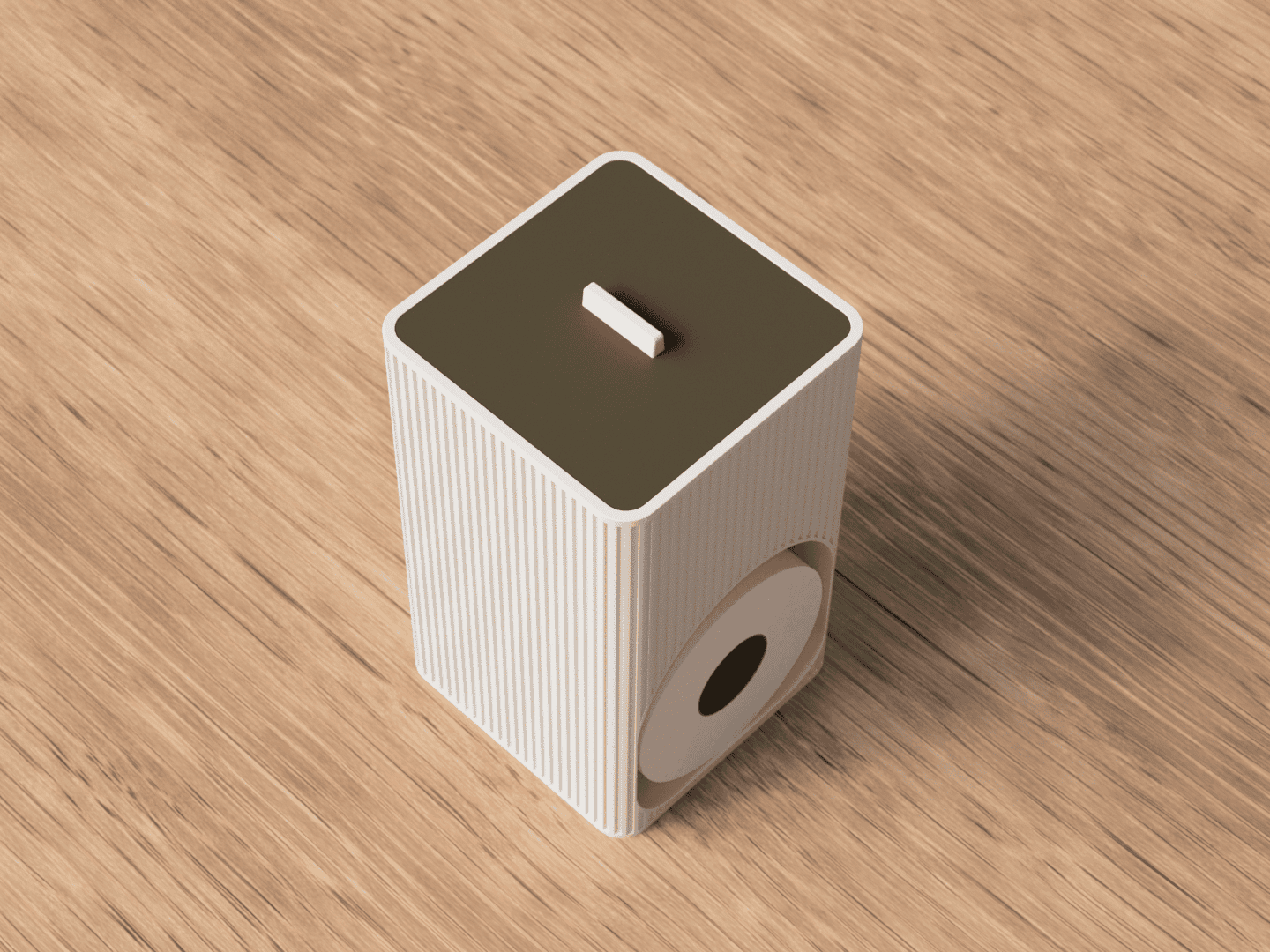 Toilettenpapier-Organizer in Weiß mit Olivgrün-Deckel, geöffnet mit Ersatzrolle