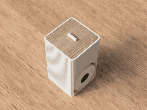 Toilettenpapier-Organizer in Weiß mit Holzdeckel, geöffnet mit Ersatzrolle
